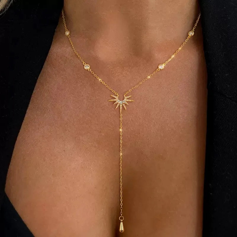 LATS Fashion Gold Color Y-Shaped Pendant Necklaces for Women Girls Luxury Cubic Zirconia Long Tassel Dangle Choker Jewelry Gift
