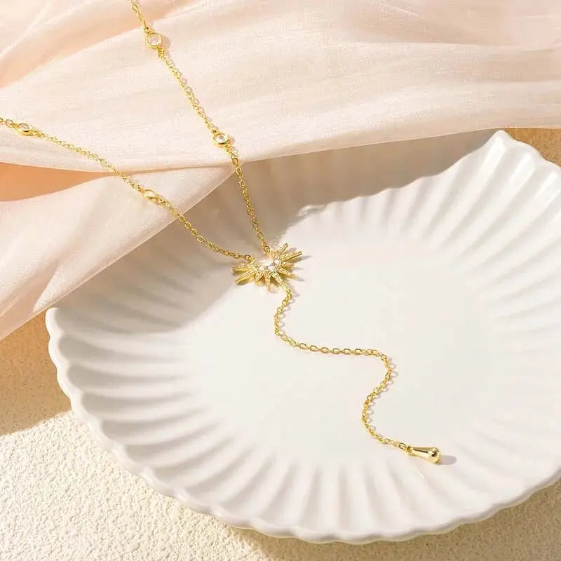 LATS Fashion Gold Color Y-Shaped Pendant Necklaces for Women Girls Luxury Cubic Zirconia Long Tassel Dangle Choker Jewelry Gift
